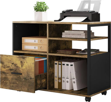 Archiefkast op wielen met printertafel en lade | Vintage bruin en zwart | 80x40x65 cm