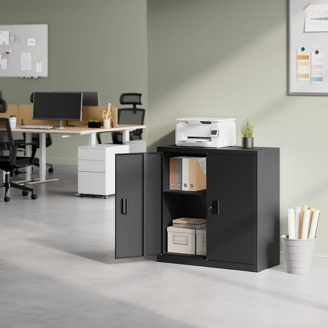 Abschließbarer Aktenschrank mit verstellbarem Einlegeboden | Schwarz | 90x40x92 cm