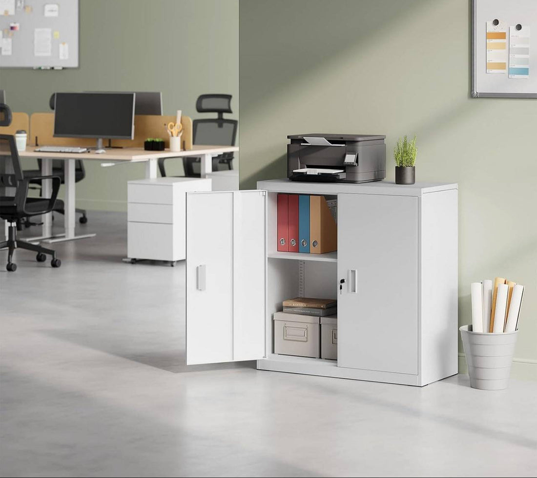 Abschließbarer Aktenschrank aus Metall | Weiß | 90x40x92 cm