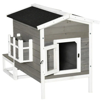 Kattenvilla met terras en balkon | Kleur: Grijs + wit | Afmetingen: 66.5x115x74.7 cm