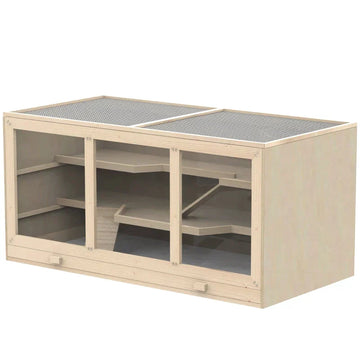 Hamsterkooi voor kleine dieren met ren | Kleur: Naturel houtkleur | Afmetingen: 57x115x55 cm