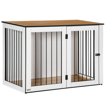 Hondenbench - Hondenkooi en bijzettafel | Kleur: Donker walnoot+wit | Afmetingen: 106x60x76 cm