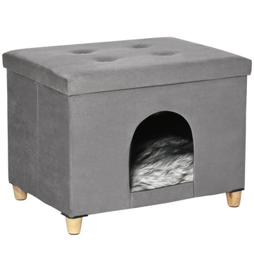 Kattenhuis als voetenbank met kussen | Kleur: Grijs/Zwart/Wit | Afmetingen: 60x45x44.5 cm