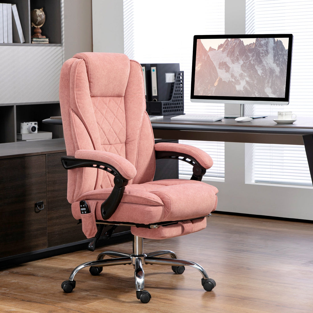 Roze bureaustoel met massage en voetensteun | Kleur: Roze | Afmetingen: 67x72x111-119 cm