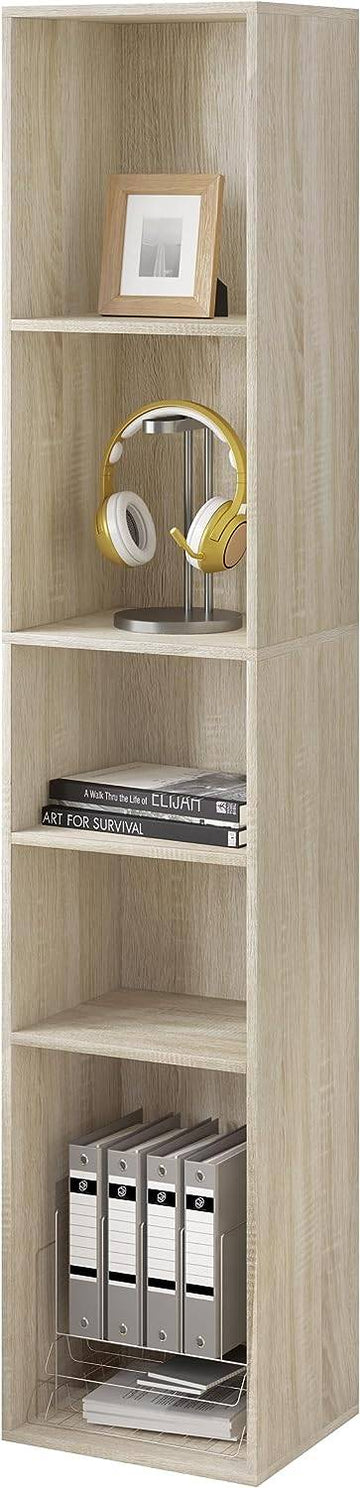 Boekenkast met 5 vakken en verstelbare planken | Licht eiken | 30x26x151 cm