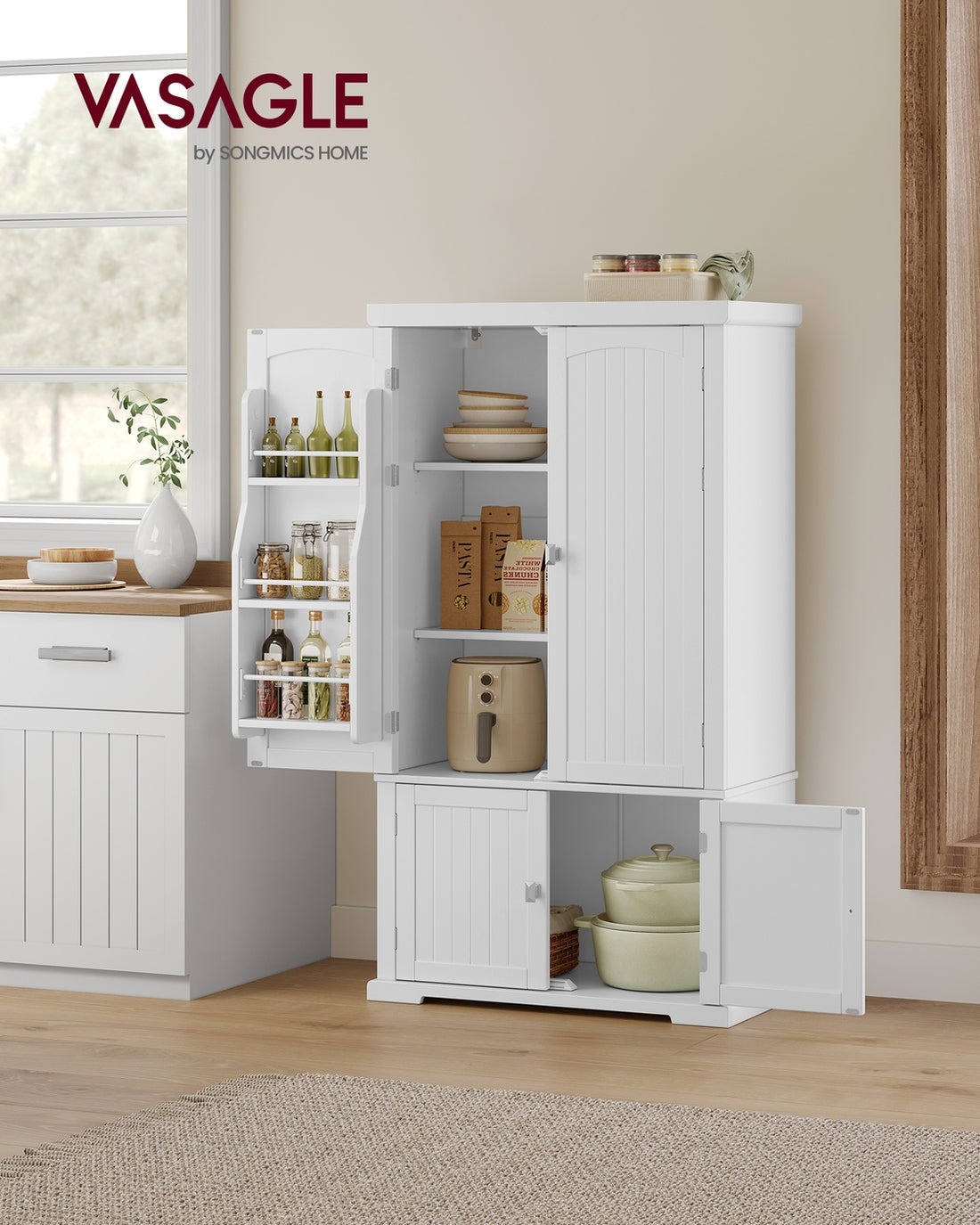Küchenschrank mit 4 verstellbaren Einlegeböden und 6 Türfächern | Weiß | 76x40x135,8 cm