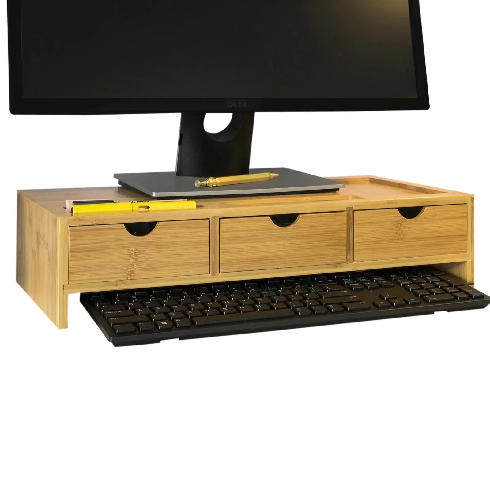 Bamboe Monitorstandaard Computerscherm - Monitorstandaard Monitor Riser Bureau-organizer met 3 laden