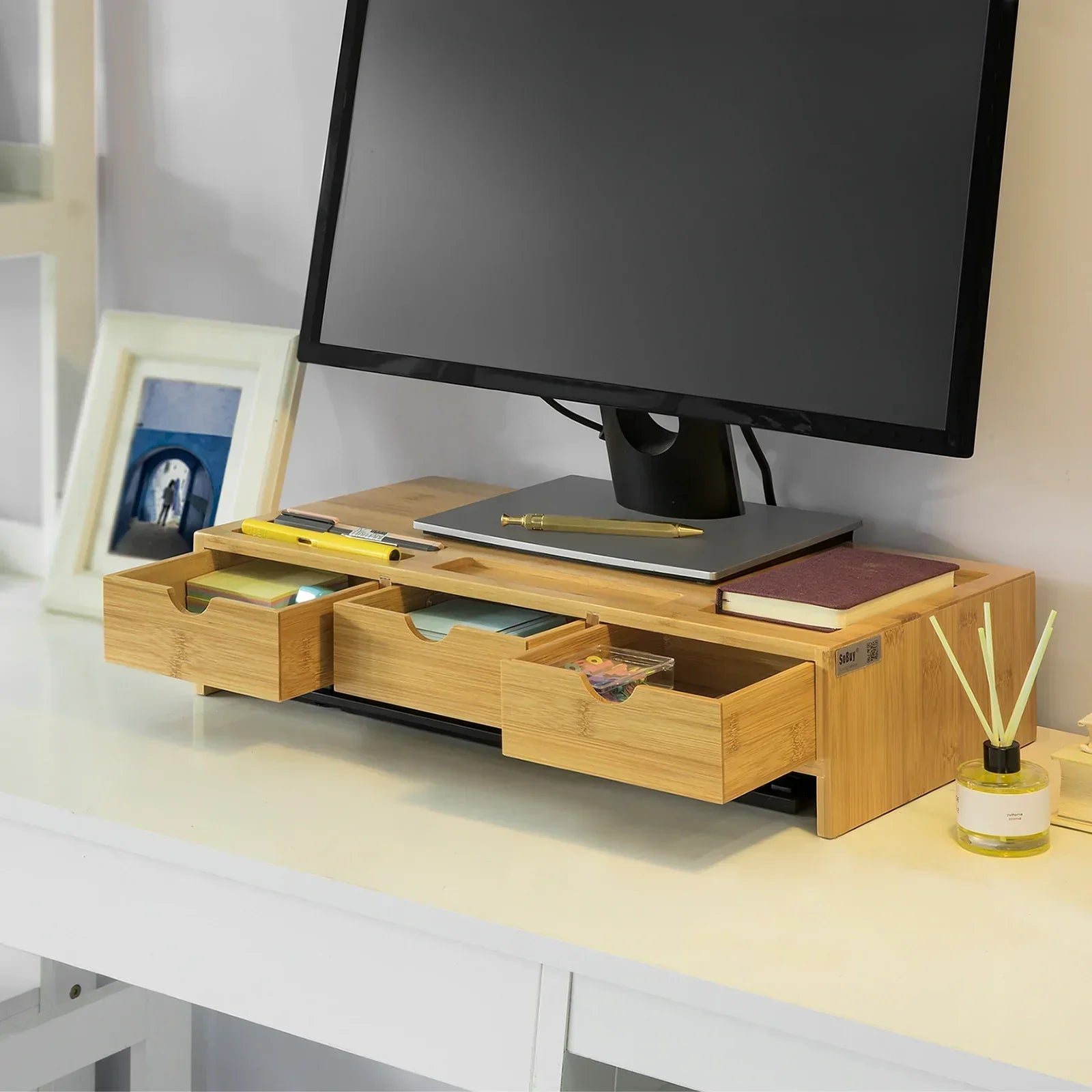Bamboe Monitorstandaard Computerscherm - Monitorstandaard Monitor Riser Bureau-organizer met 3 laden