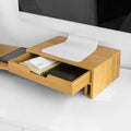 Verstelbare Bamboe Monitorstandaard - Dubbele Monitorverhoger - Bureau-organizer met Laden - Draaibare Zijkanten - Kabelbeheer - 60-108cm x 11cm x 22cm