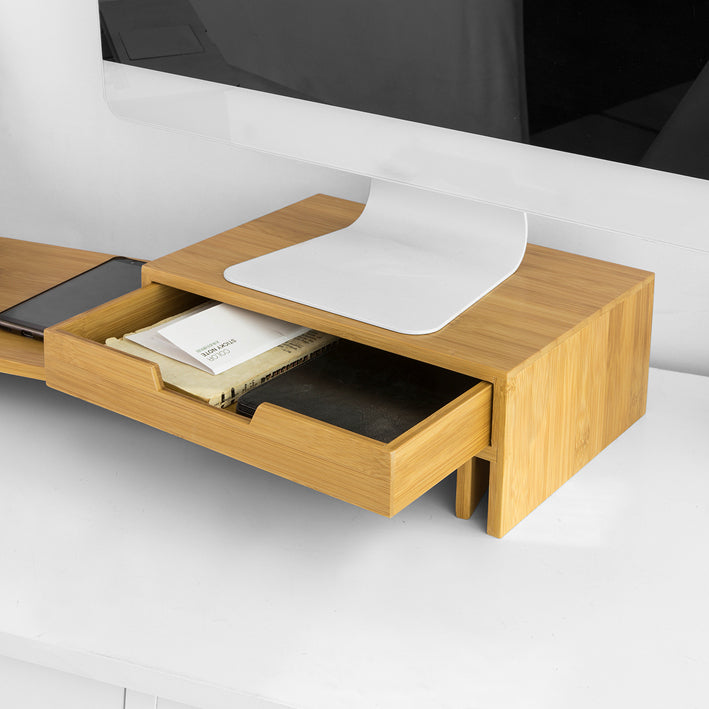 Verstelbare Bamboe Monitorstandaard - Dubbele Monitorverhoger - Bureau-organizer met Laden - Draaibare Zijkanten - Kabelbeheer - 60-108cm x 11cm x 22cm