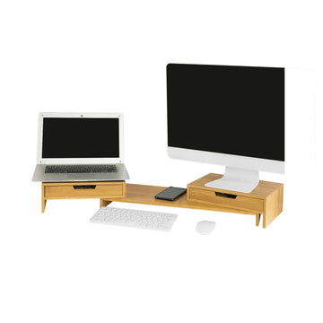 Verstelbare Bamboe Monitorstandaard - Dubbele Monitorverhoger - Bureau-organizer met Laden - Draaibare Zijkanten - Kabelbeheer - 60-108cm x 11cm x 22cm