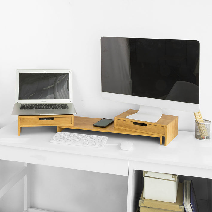 Verstelbare Bamboe Monitorstandaard - Dubbele Monitorverhoger - Bureau-organizer met Laden - Draaibare Zijkanten - Kabelbeheer - 60-108cm x 11cm x 22cm