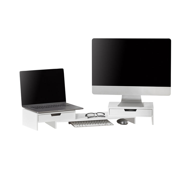 Verstelbare Bamboe Monitorstandaard - Dubbele Monitorverhoger - Bureau-organizer met Laden - Draaibare Zijkanten - Kabelbeheer - Verlichting van Nekpijn - 60-107cm x 11cm x 22cm