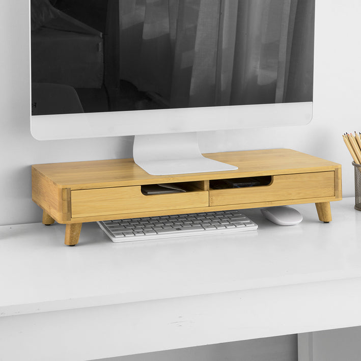 Bamboo Monitor Riser Stand met 2 Laden - Bureau-organizer - Toetsenbordopslag - Antislipvoetjes - Ergonomisch ontwerp - 56 cm x 12 cm x 23 cm