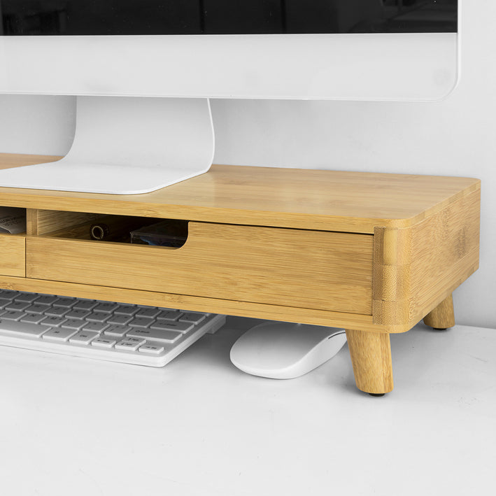 Bamboo Monitor Riser Stand met 2 Laden - Bureau-organizer - Toetsenbordopslag - Antislipvoetjes - Ergonomisch ontwerp - 56 cm x 12 cm x 23 cm