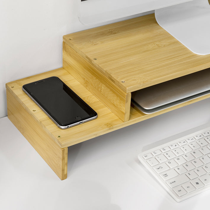 Bamboo Monitor Stand Riser - Bureauplank - Bureau-organizer - Verminder nekpijn - Verstelbaar - 52-104 cm x 15 cm x 22 cm