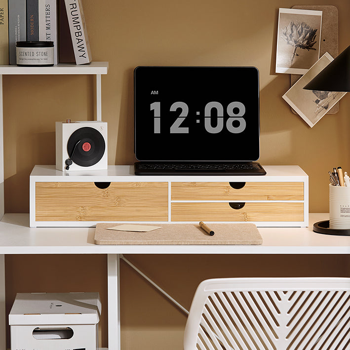 Monitor Stand Riser - Schermverhoging - Bureauorganizer - Ruimtebesparend - 3 Laden - MDF & Bamboe - 60x11x22cm