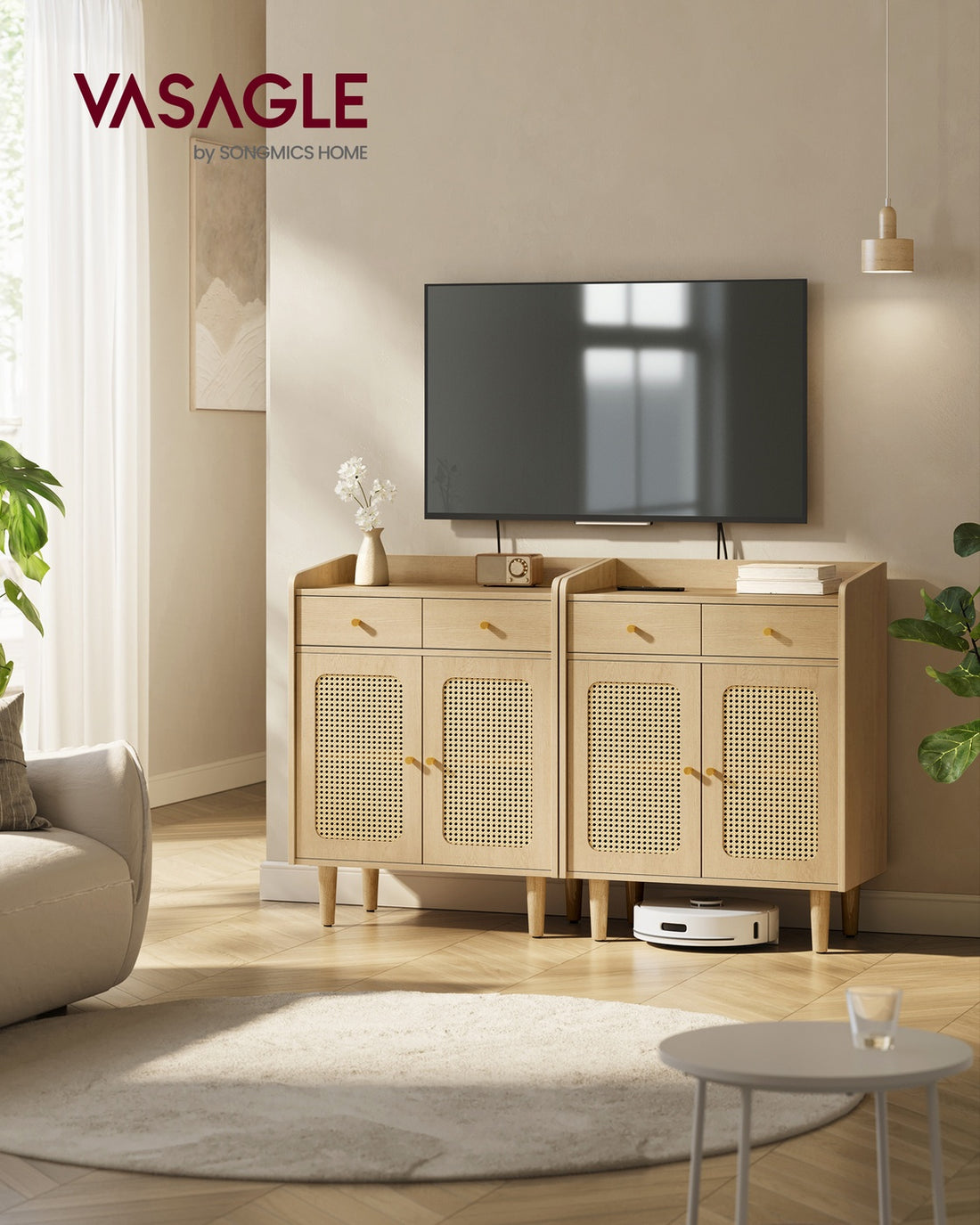 Sideboard mit Türen in Rattan-Optik im Boho-Stil | Eiche Beige | 70x40x90 cm