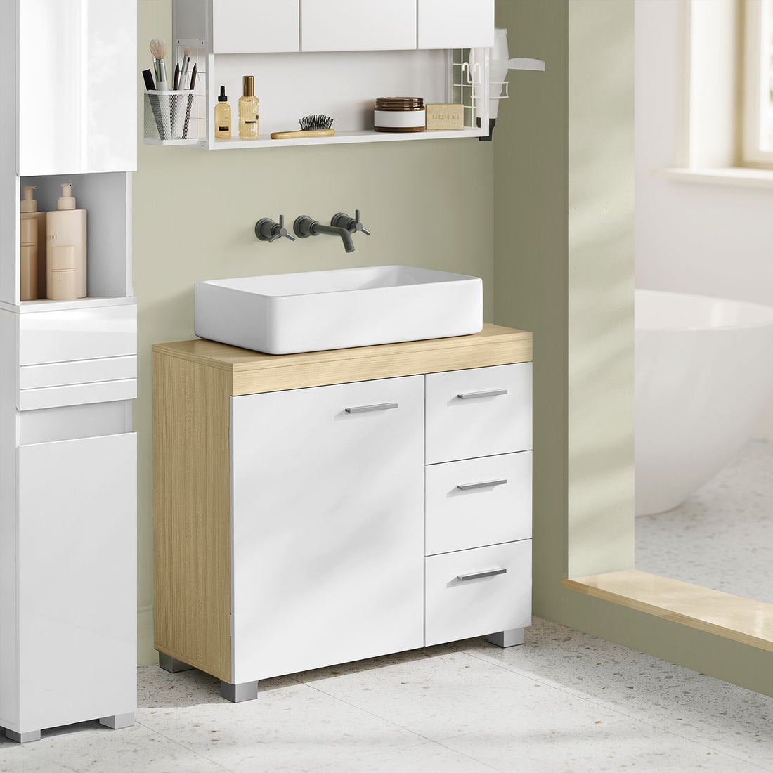 Wastafelonderkast MDF - Badkamermeubel - Wolkwit/Naturel beige - 30 x 70 x 64 cm
