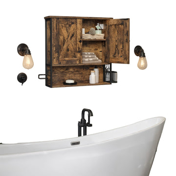 Vintage wandkast bruin zwart met mand - houtspaanplaat en staal - 60 x 16 x 60 cm