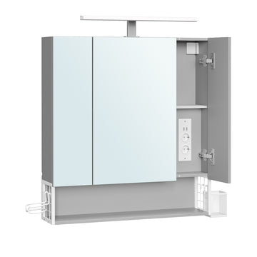 Wandkast met 3 deuren, spiegel en meervoudige stekkerdoos | Grijs | 70,1x16,6x75,1 cm