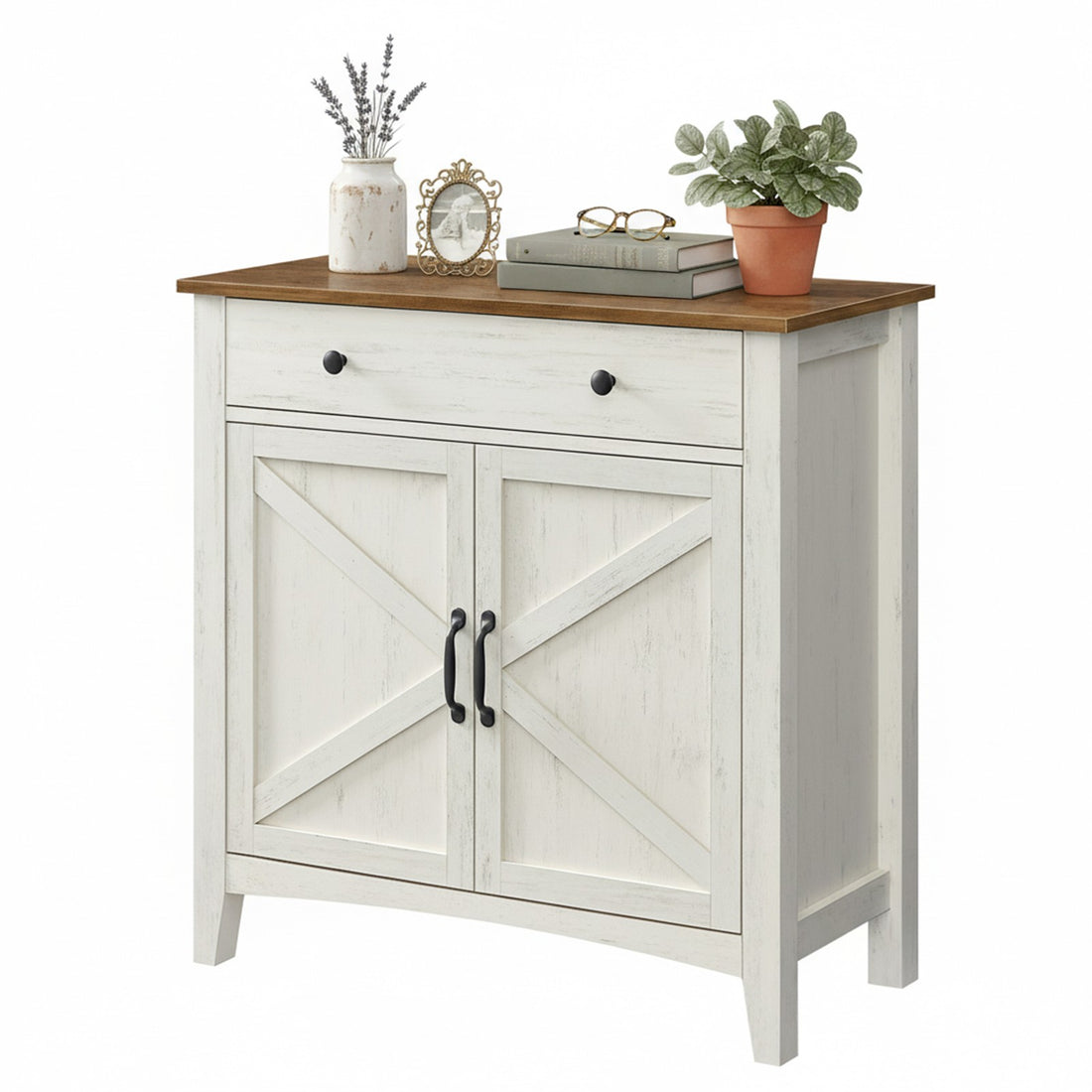 Küchenschrank mit Schublade im Landhausstil | Weiß-braun | 80x40x80 cm
