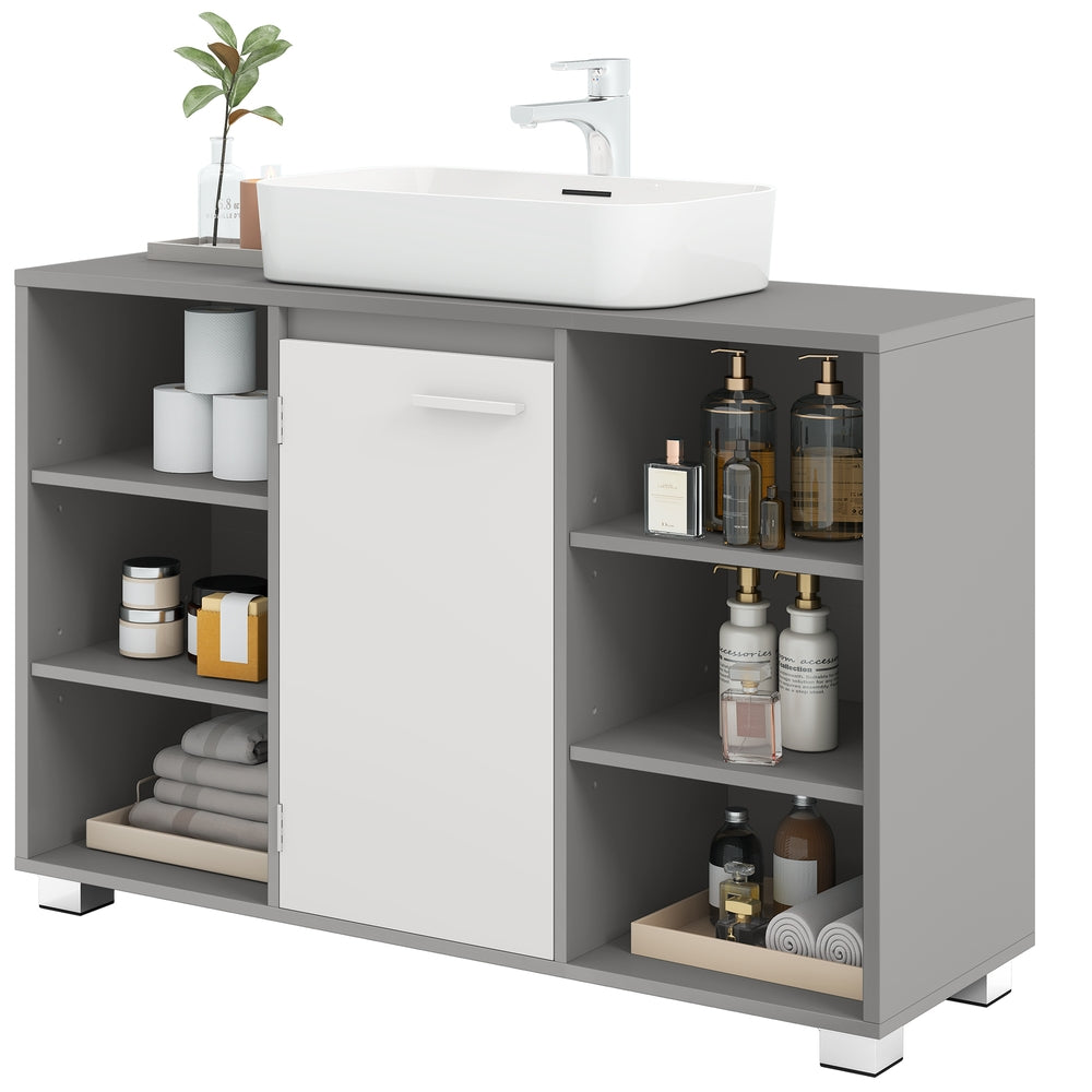 Wastafelonderkast met verstelbare legplanken en poten | Grijs-wit | 90x30x60 cm