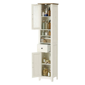 Smalle badkamerkast in landelijke stijl | Wit-bruin | 33x31,5x171 cm