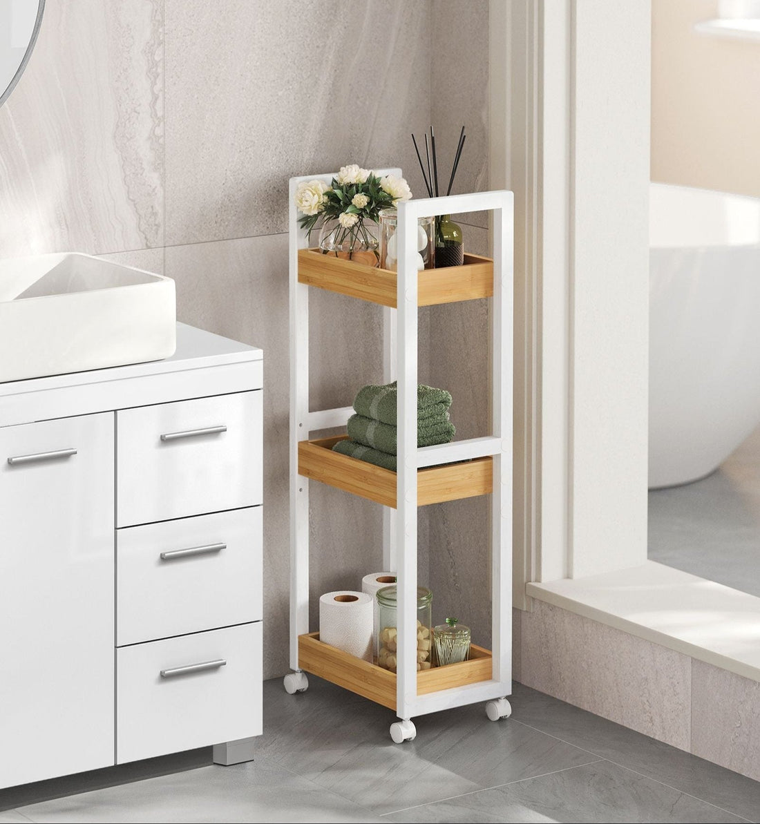 Badezimmerregal schmal – platzsparend – 3 Ebenen – MDF & Bambus – 20 x 30 x 80 cm