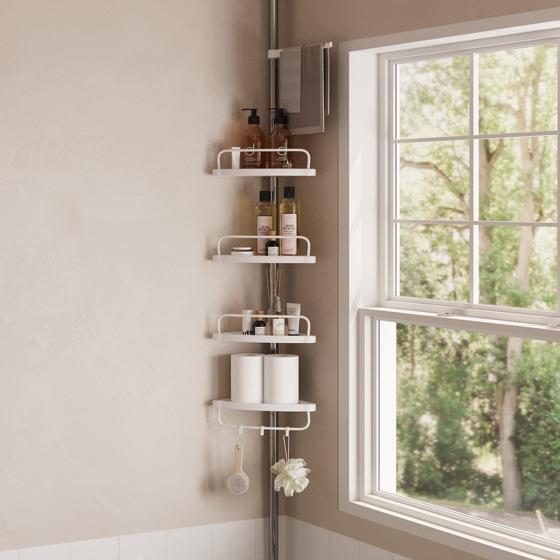 Justerbar duschhylla - hörnhylla - 4 våningar - ingen borrning - 95-300 cm