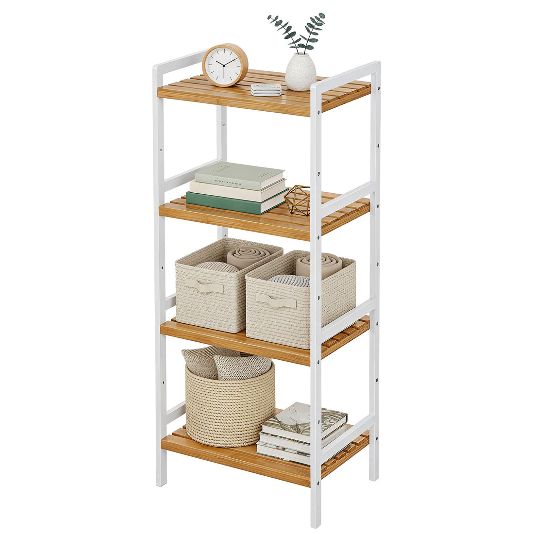 Bücherregal mit 4 Ablagen, freistehendes Regal | Natur und Weiß | 45x31,5x110 cm