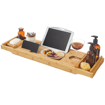 Uitschuifbare badplank van bamboe met beker- en boekenhouder, 75-109 x 4,5 x 23 cm