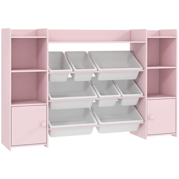 Kinder boekenkast met 8 speelgoedbakken | Kleur: Roze, wit | Afmetingen: 30x140x90 cm