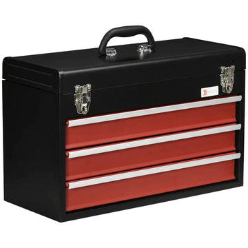 Gereedschapskist met 3 laden en opbergvak | Kleur: Zwart/Rood | Afmetingen: 22x51x32 cm