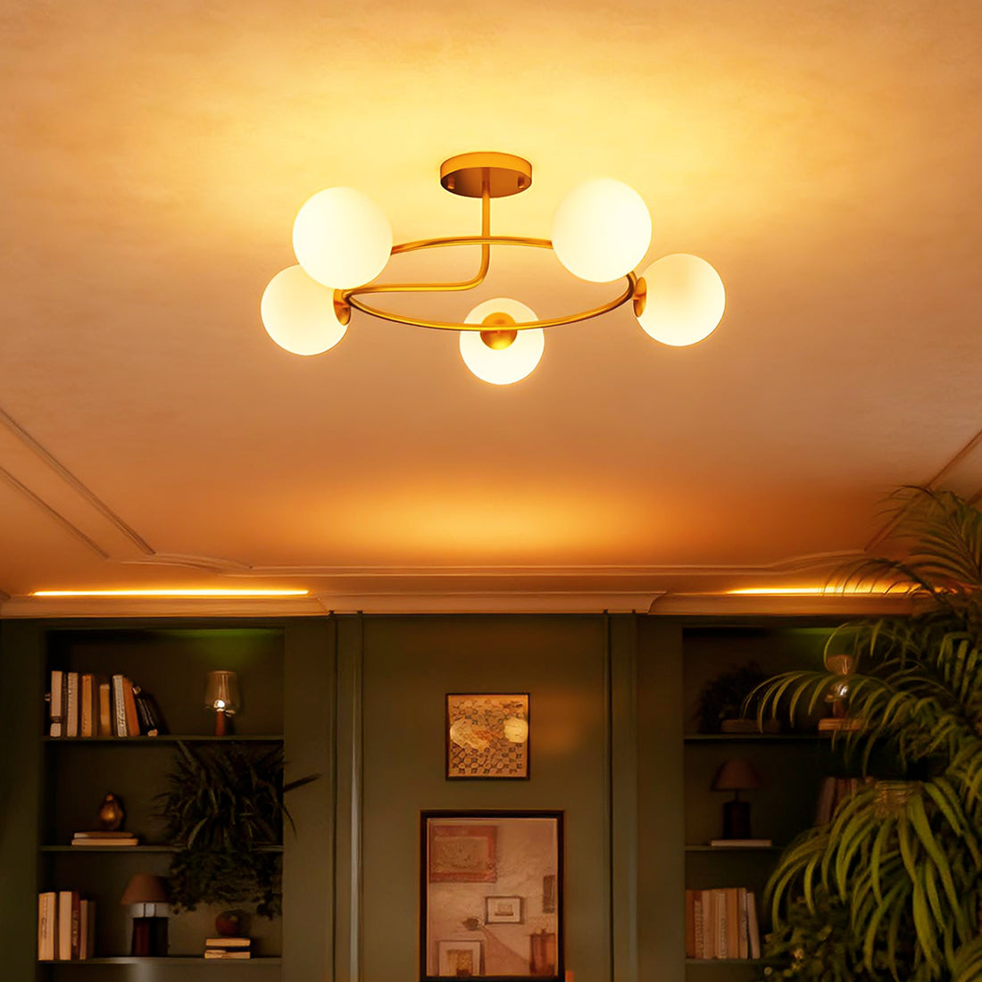 Plafondlamp met 5 G9-fittingen, goud-wit | Kleur: Goud | Afmetingen: 64x64x20 cm