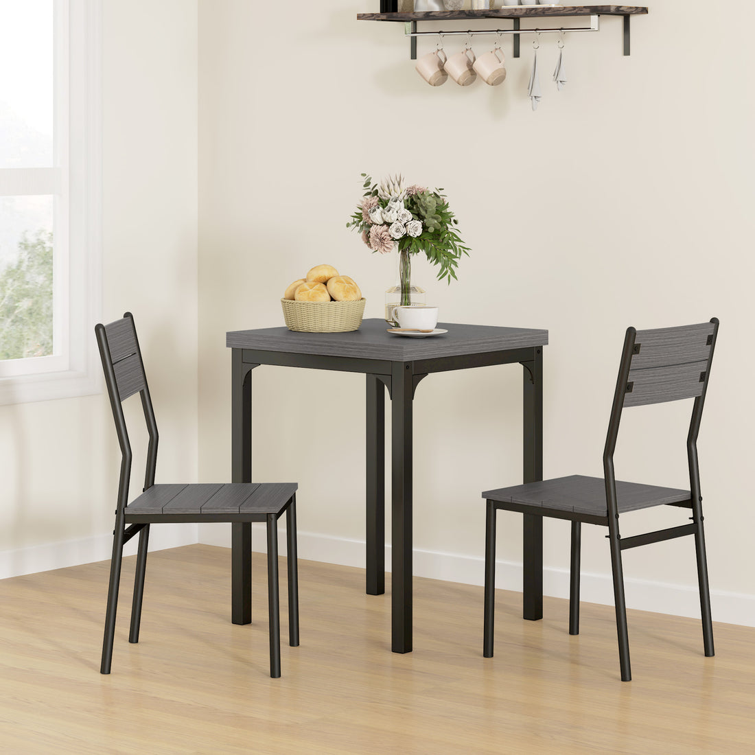 3-teilige Essgruppe mit Tisch und 2 Stühlen | Farbe: Grau | Abmessungen: 60x60x76 cm