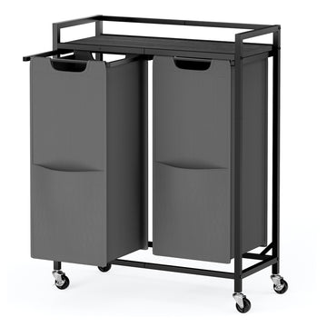 Wasmand met 2 vakken, trolley met plank en tassen | Zwart-grijs | 63x32x93 cm