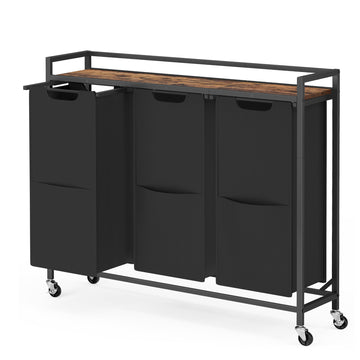Waswagen met 3 vakken, uitneembare waszakken en opbergrek | Zwart-bruin | 93x32x93 cm