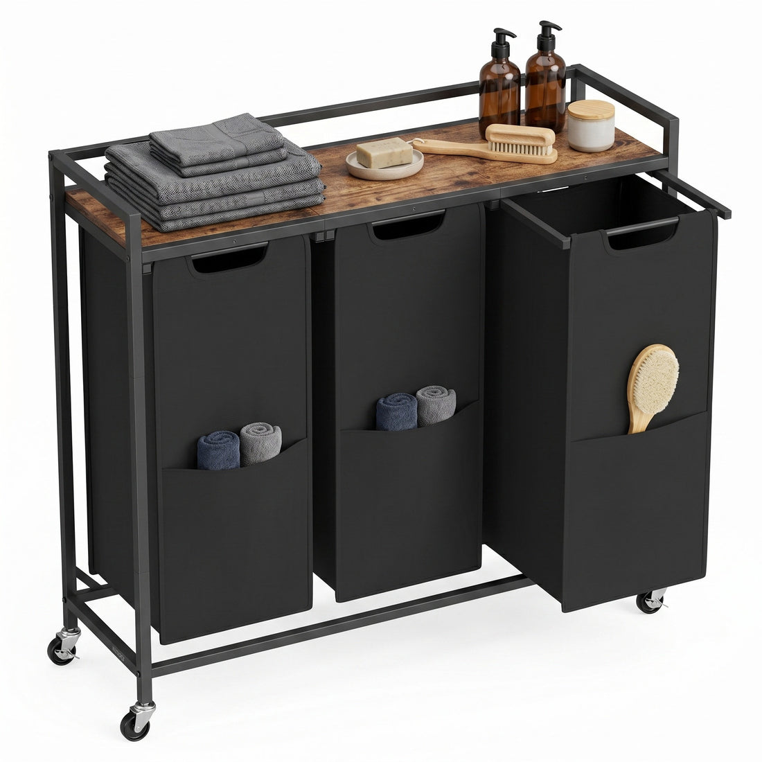 Wäschewagen mit 3 Fächern, herausnehmbaren Wäschesäcken und Ablagefach | Schwarz-Braun | 93x32x93 cm
