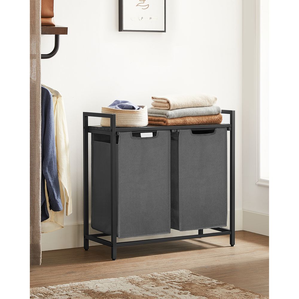 Wasmand met 2 uittrekbare waszakken - MDF, staal, oxford - bruin-zwart - 73 x 33 x 72 cm