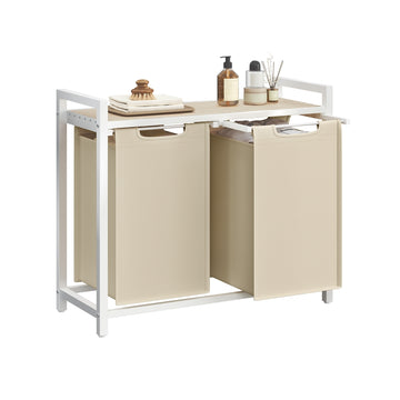 Wasmand met uittrekbare waszakken en plank | Cappuccinobeige-natuurbeige | 33x73x72 cm