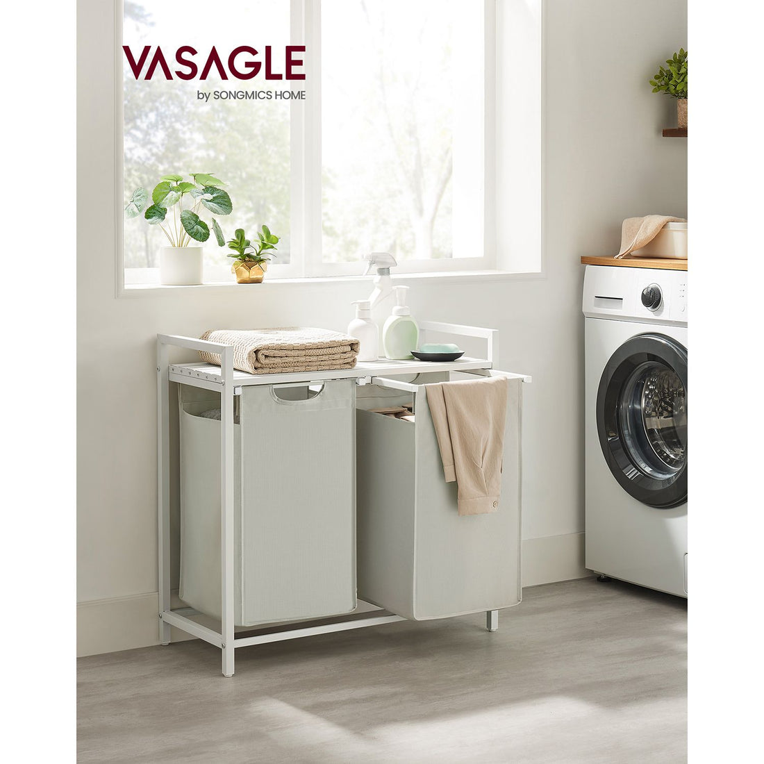 Witte wasmand met plank - 3 vakken - MDF/staal - Oxford-doek - 73 x 33 x 72 cm - 30 kg