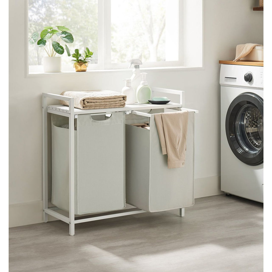 Wasmand met plank en 2 zakken - wit - MDF/stalen - 73 x 33 x 72 cm