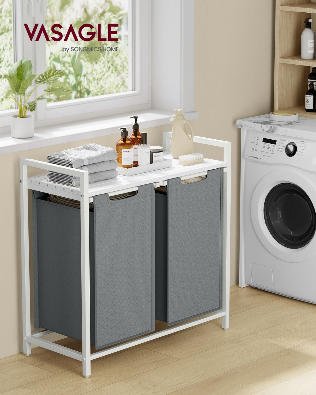 Wasmand met plank - wit-lichtgrijs - MDF, staal en Oxford-doek - 73 x 33 x 72 cm