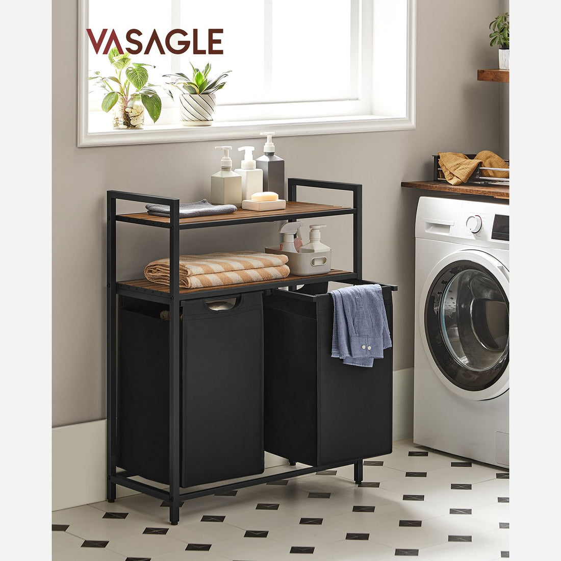 Wasmandenset vintage bruin-zwart – wasgoedmanden met opbergrek