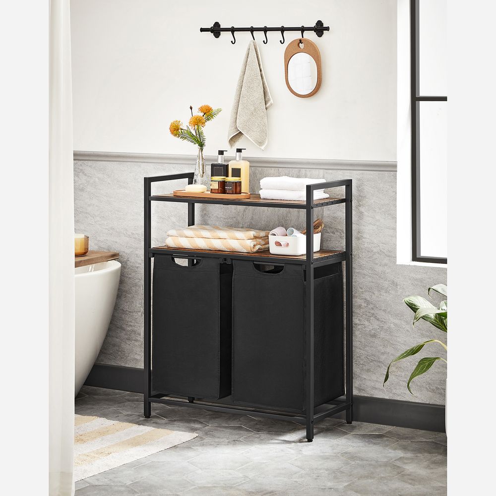 Wasmand met 2 vakken, rietlook, MDF en staal, vintage bruin-zwart, 73 x 33 x 91 cm