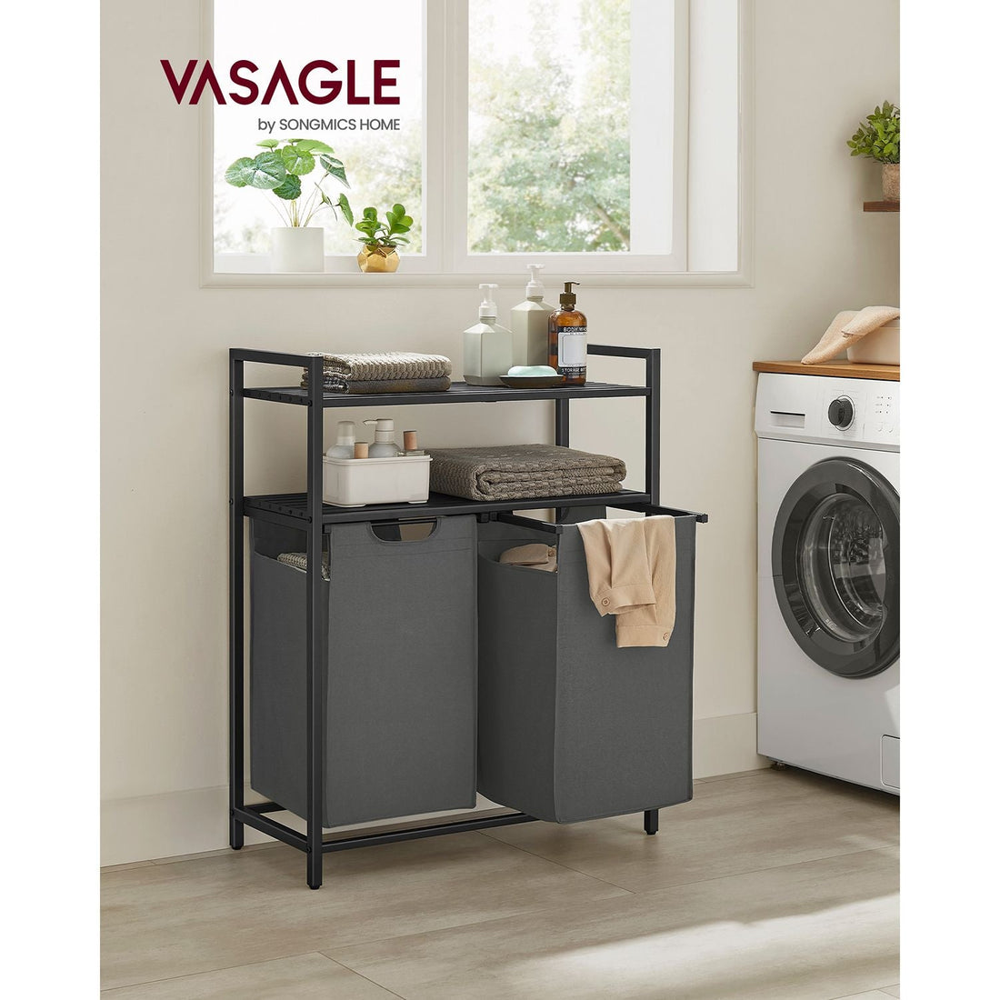 Wasmand met planken, zwart-grijs, MDF/staal, 73 x 33 x 92 cm