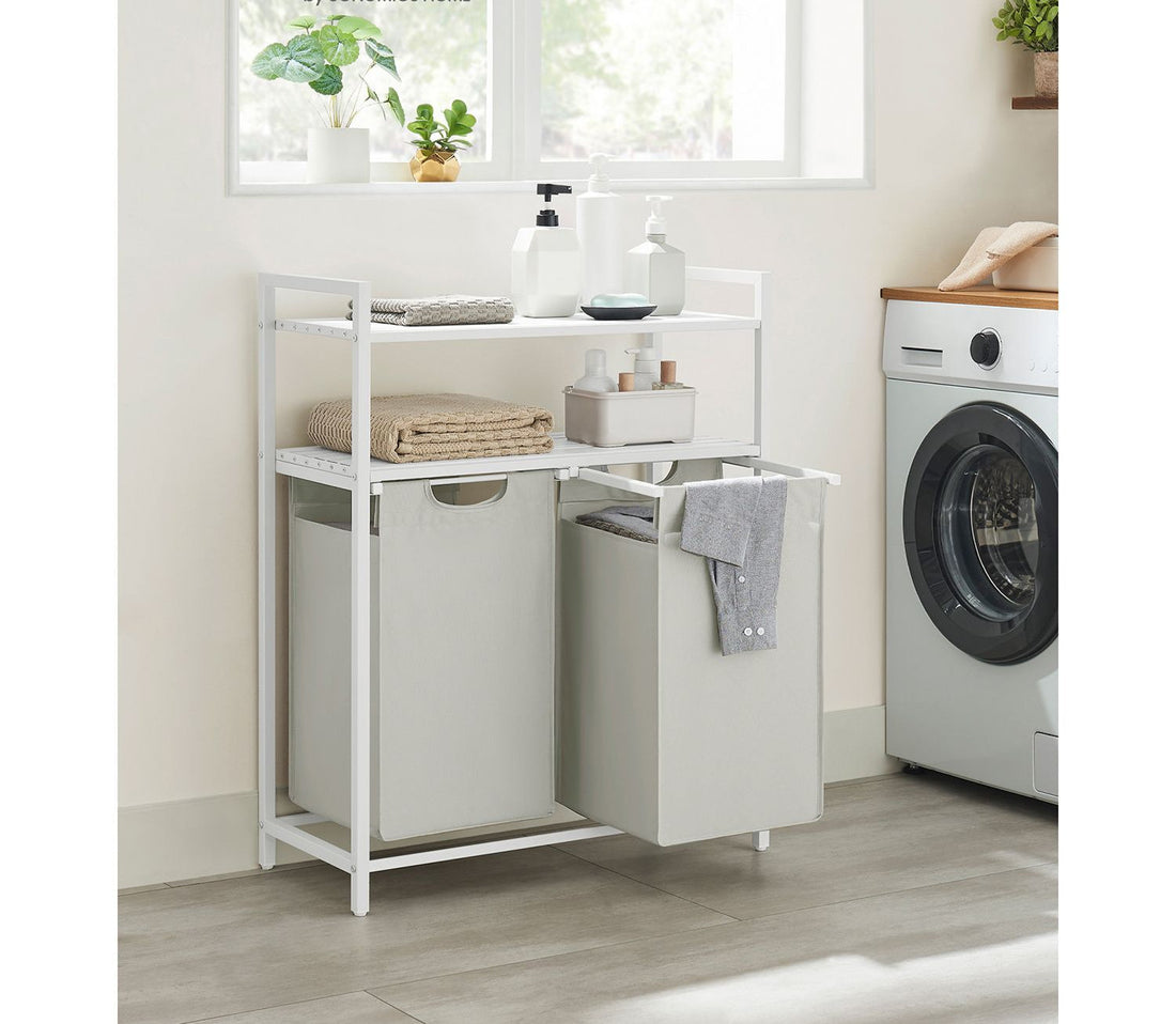 Wasmand 2 x 46 l met planken - wasorganizer - MDF & staal - 73 x 33 x 92 cm