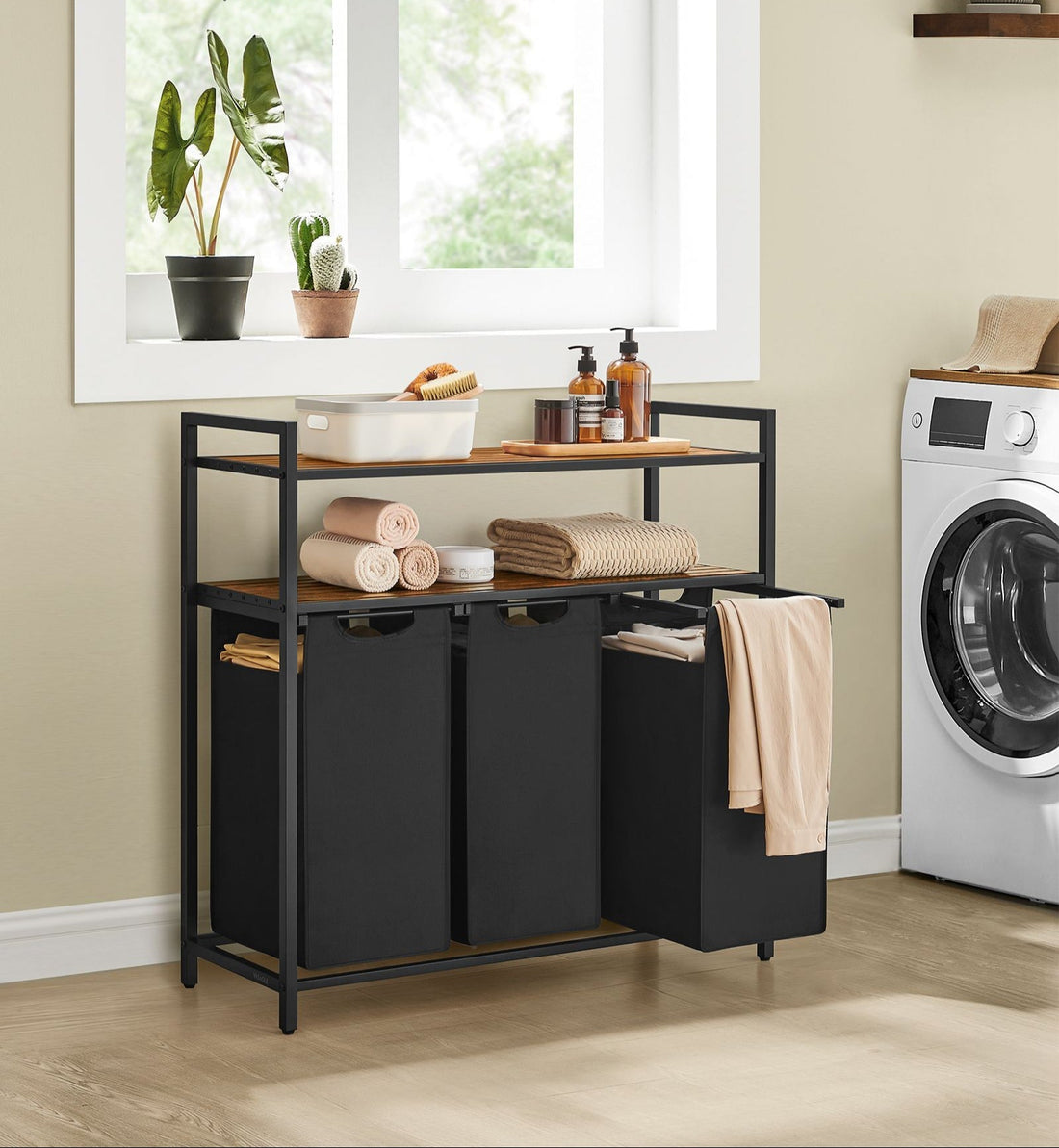 Wasmand met 3 vakken - Wasgoed sorteerder - MDF & staal - 92,5 x 33 x 92 cm - bruin-zwart