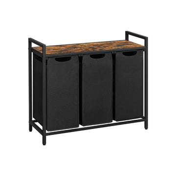 Wasmand met 3 vakken - rietlook - MDF/stalen frame - vintage bruin-zwart - 92,5 x 33 x 71 cm
